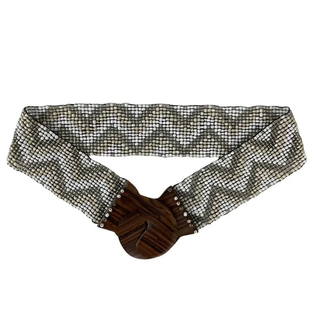 Vintage Hand-made Boho Belt Stretchy Beaded Bali Belt with Wooden Hook Buckle